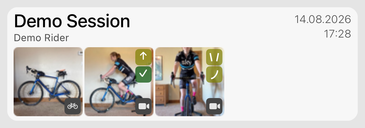 Eine Sitzungskarte: eine Fahrradmessung, ein Seitenvideo und ein Frontvideo, jedes Video mit seinen Statussymbolen.