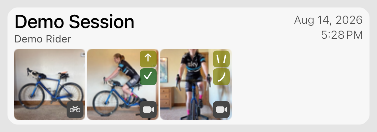One session card: a bike measurement, a side video, and a front video, each video with its status icons.