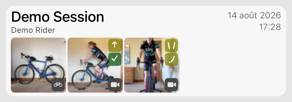 Une carte de session : une mesure du vélo, une vidéo de profil et une vidéo de face, chaque vidéo avec ses icônes d'état.