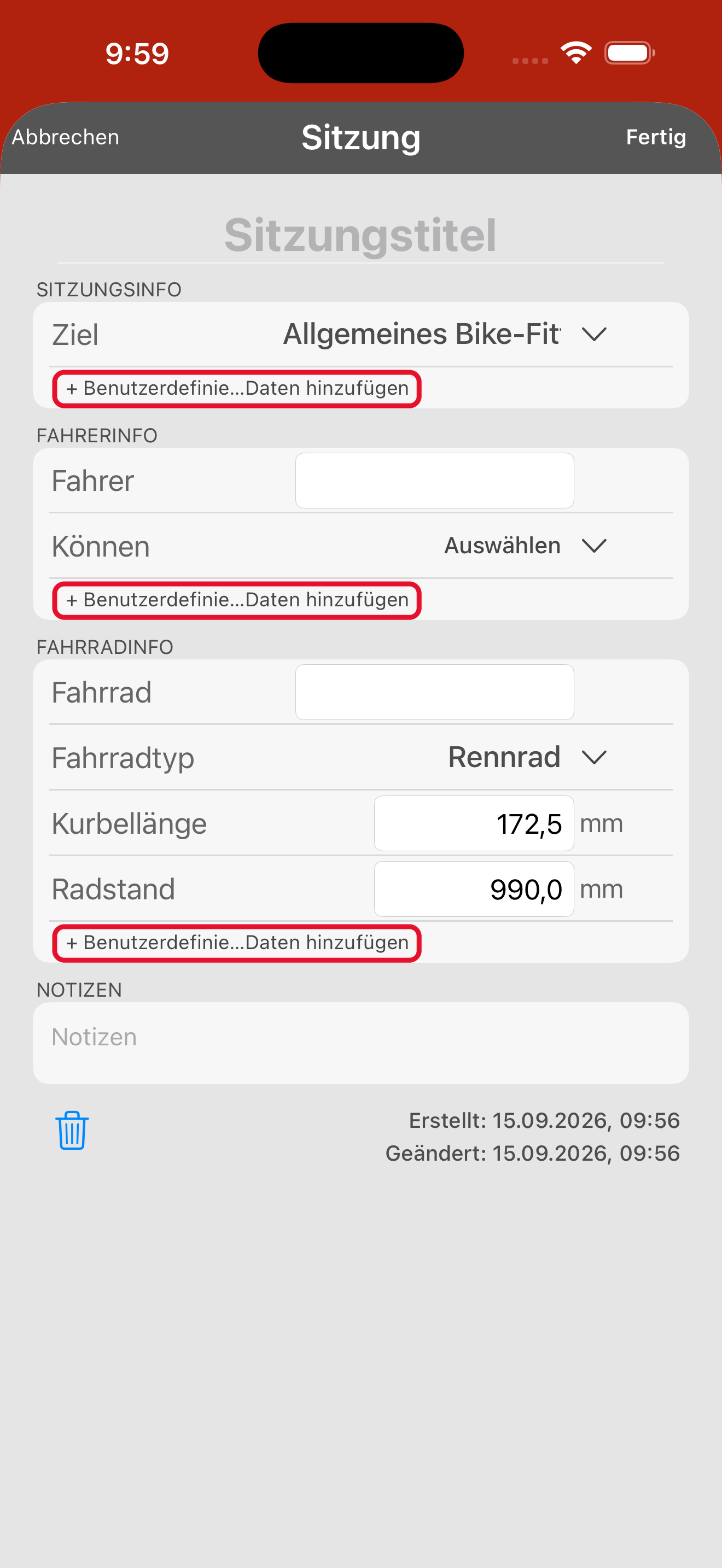 Das Formular mit den Sitzungsangaben. Die Kurbellänge steht unter FAHRRADINFO und ist auf 172,5 mm voreingestellt.