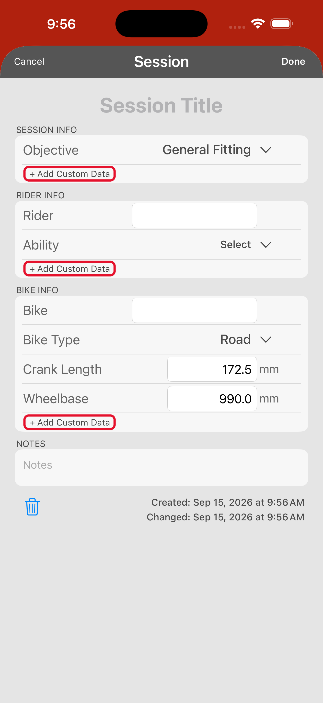 The session info form. Crank length sits in BIKE INFO and defaults to 172.5 mm.