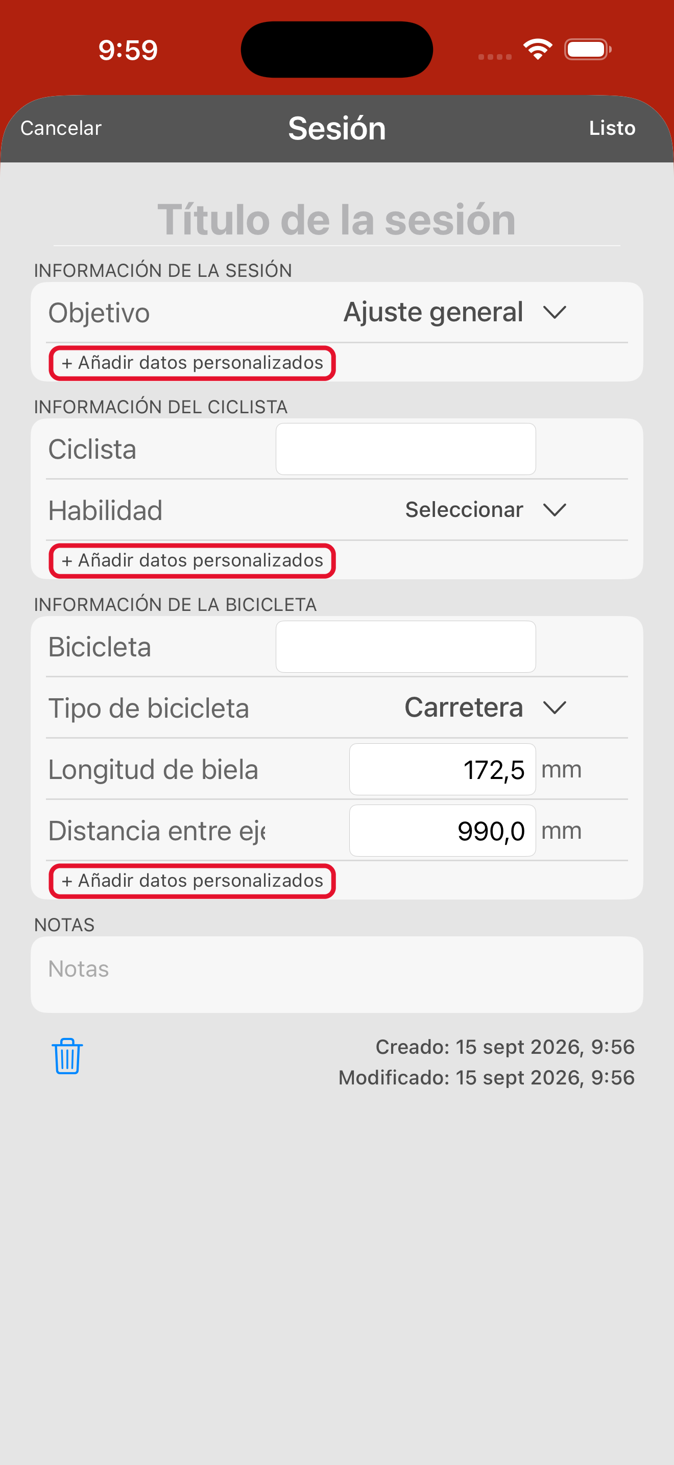 El formulario de información de la sesión. La longitud de biela está en INFORMACIÓN DE LA BICICLETA y viene por defecto en 172,5 mm.