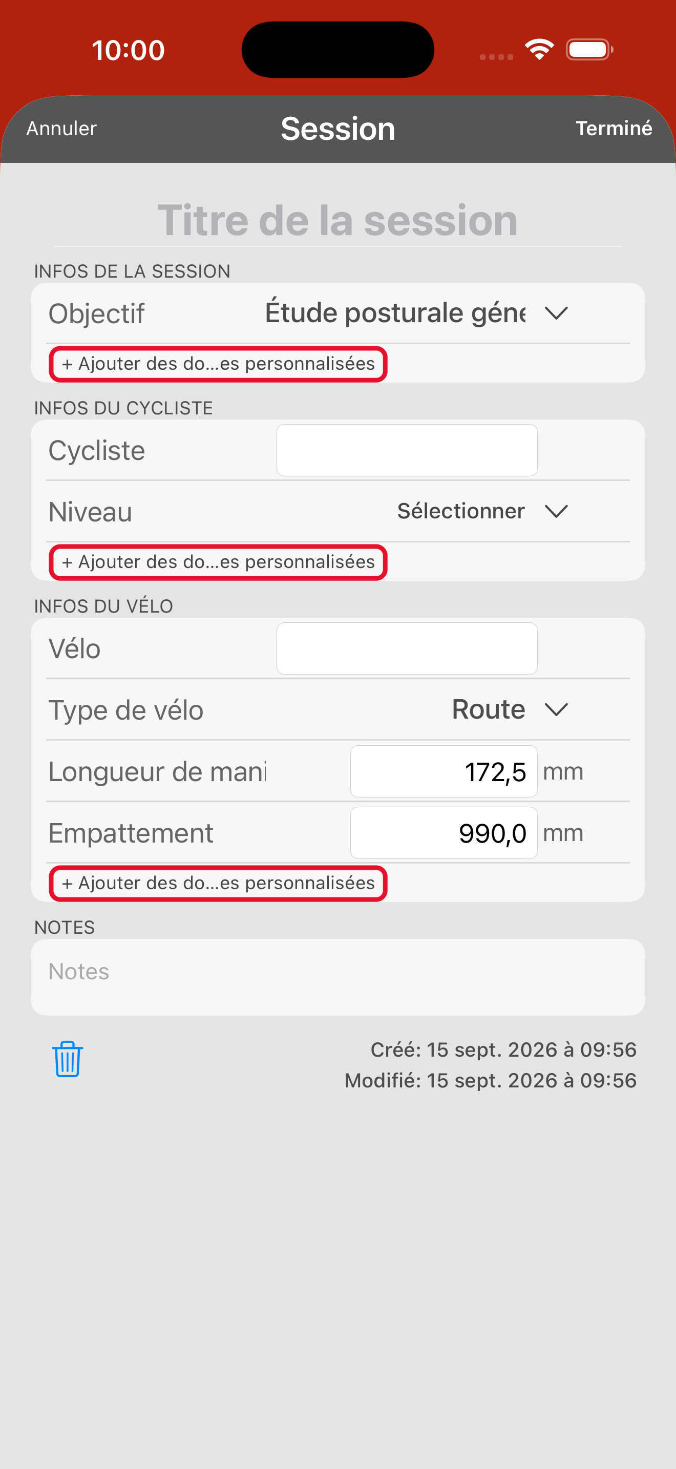Le formulaire d'informations de la session. La longueur de manivelle se trouve dans INFOS DU VÉLO et vaut 172,5 mm par défaut.