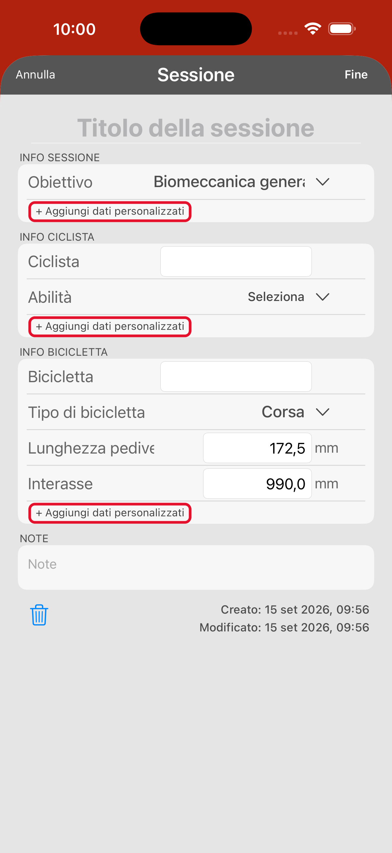 Il modulo con le informazioni della sessione. La lunghezza della pedivella si trova in INFO BICICLETTA ed è impostata di default su 172,5 mm.