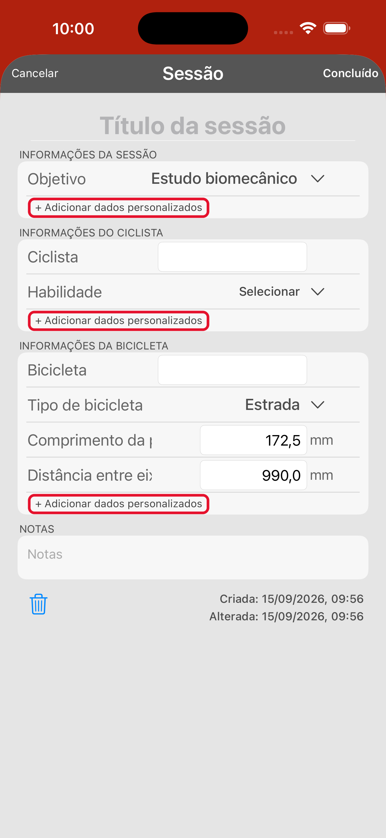 O formulário com as informações da sessão. O comprimento da pedivela está em INFORMAÇÕES DA BICICLETA e vem por omissão a 172,5 mm.