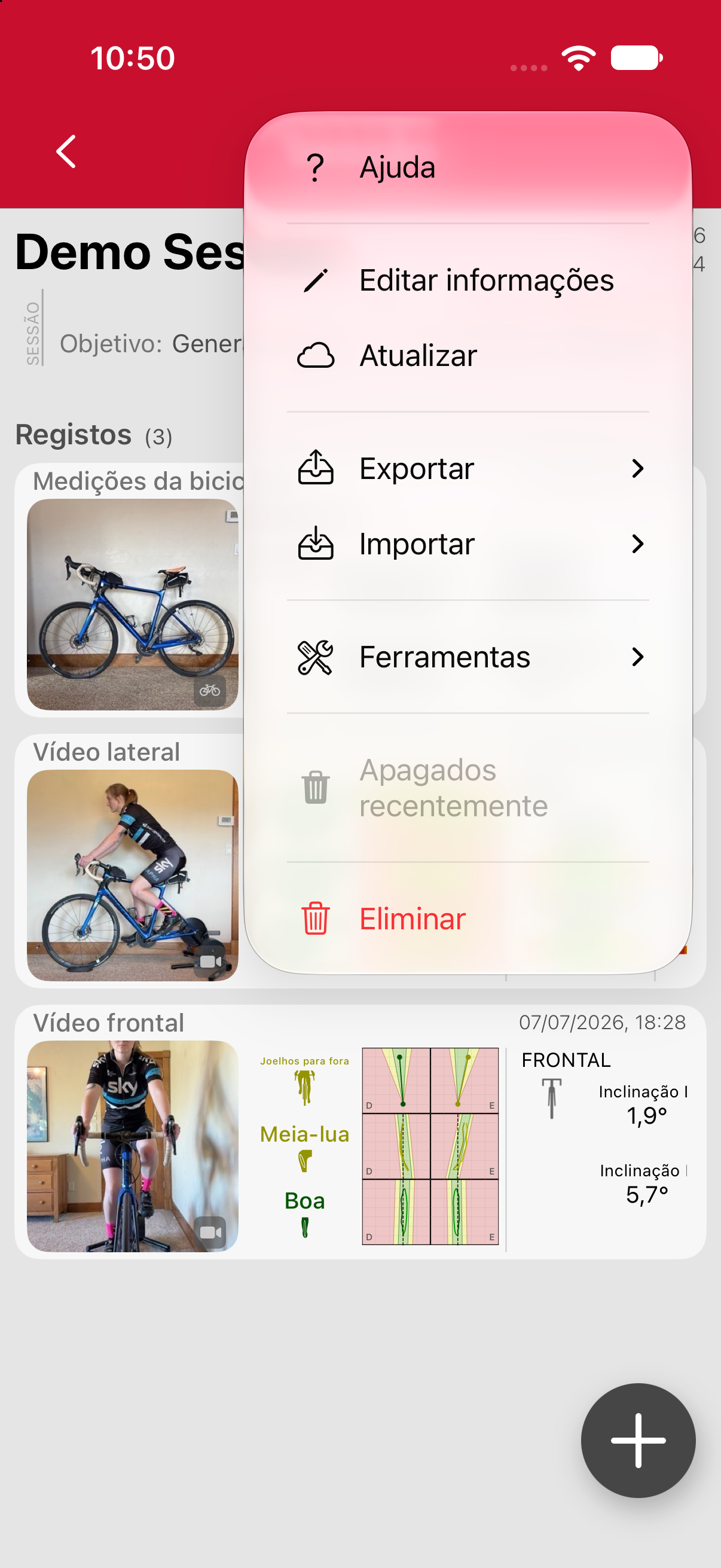 O menu da sessão.