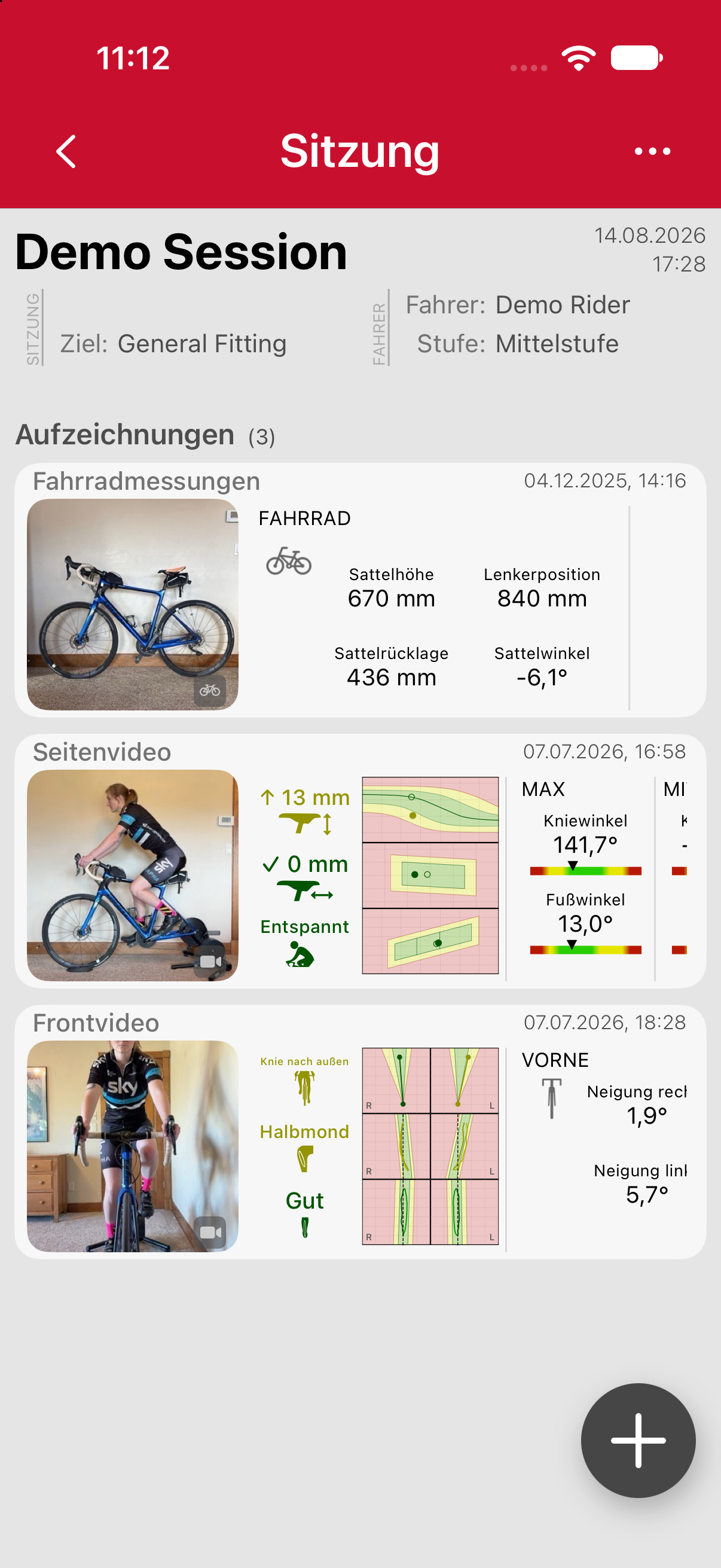 Eine Sitzung mit einer Fahrradmessung, einem Seitenvideo und einem Frontvideo.