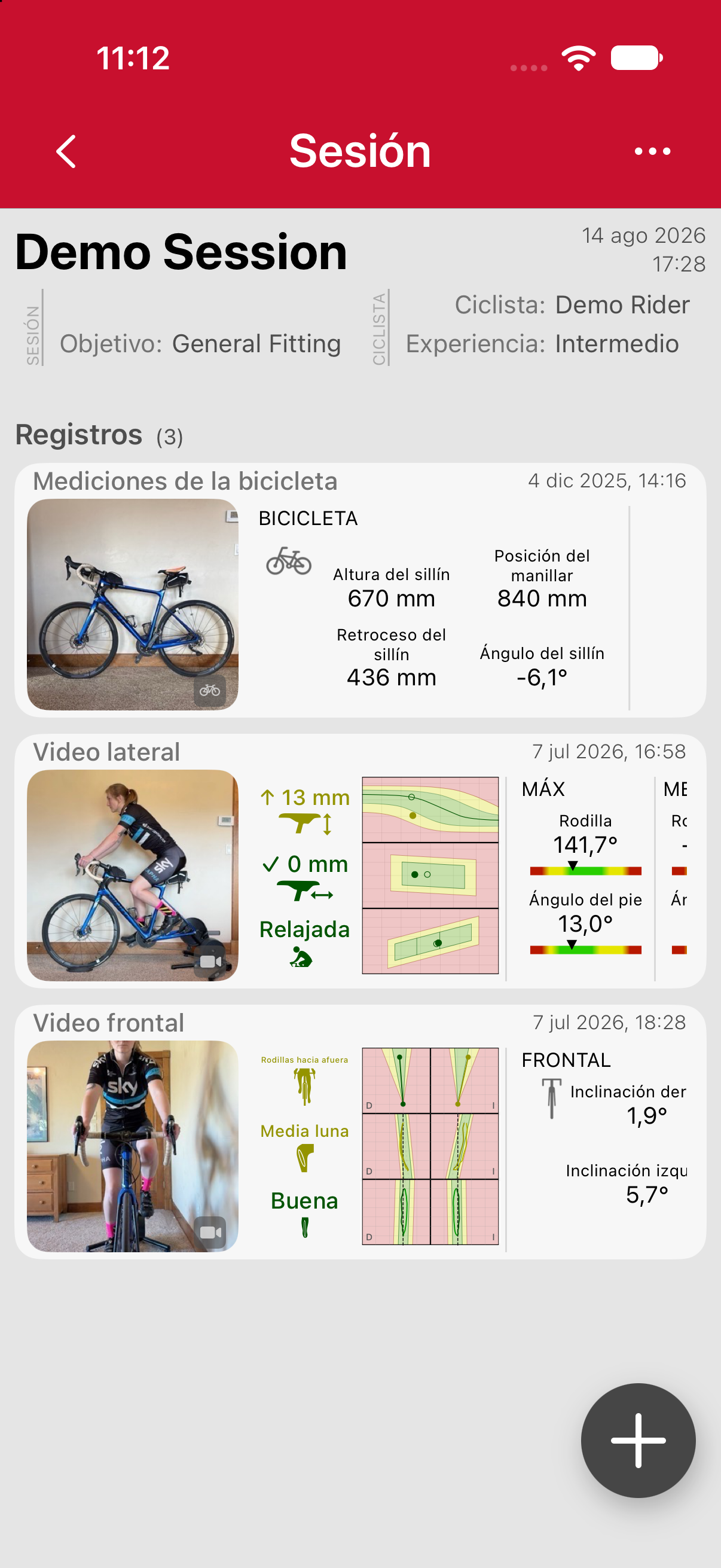 Una sesión con una medición de la bicicleta, un video lateral y un video frontal.