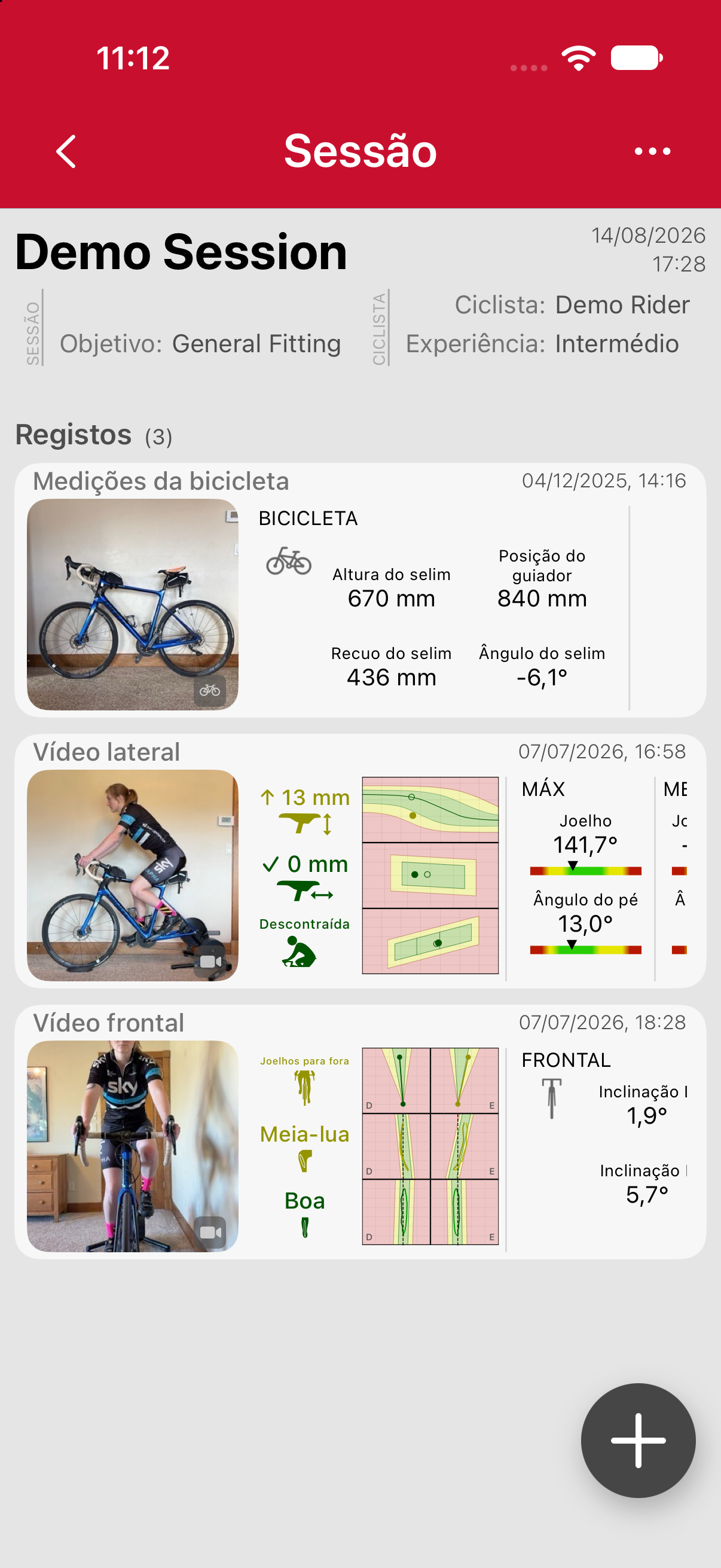 Uma sessão com uma medição da bicicleta, um vídeo lateral e um vídeo frontal.