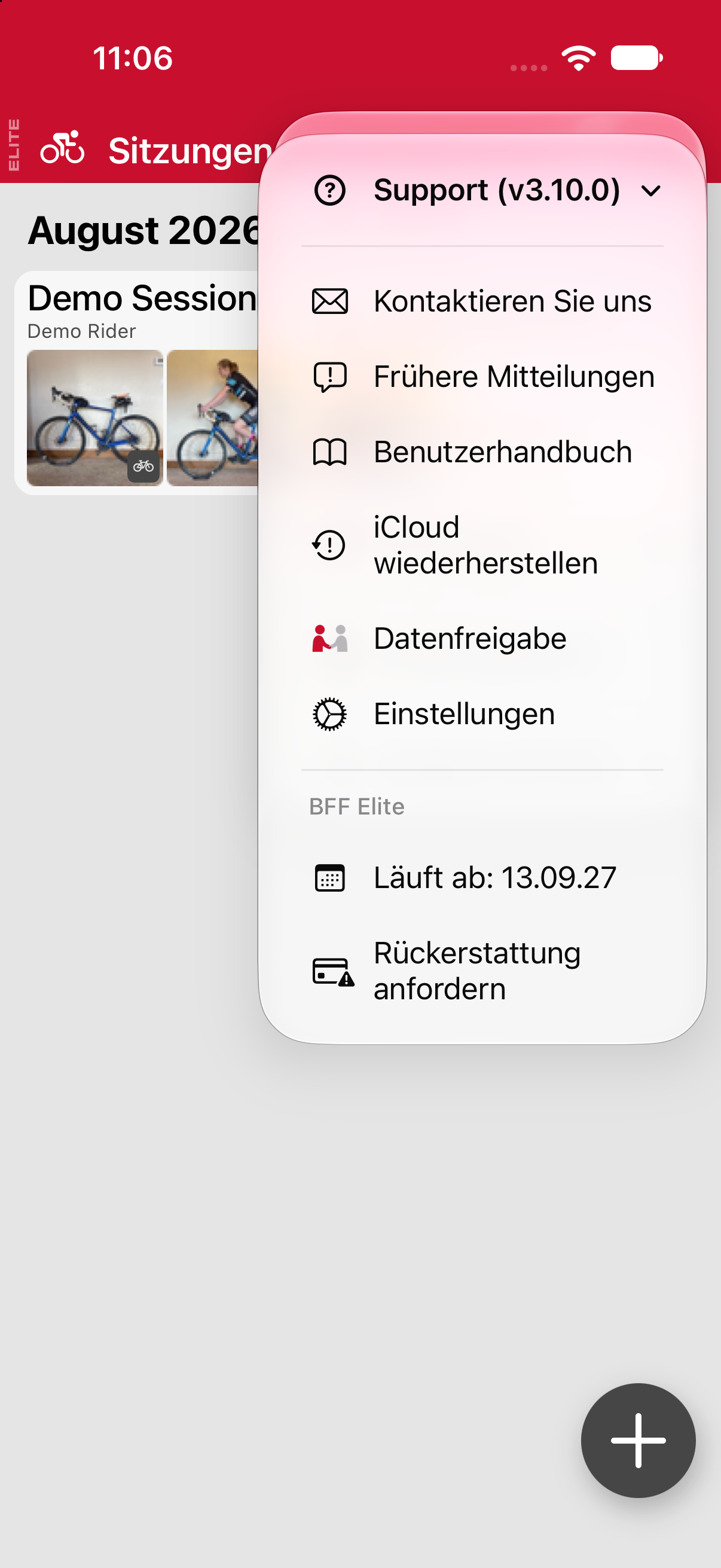 Das Support-Menü, aus dem Hauptmenü geöffnet.