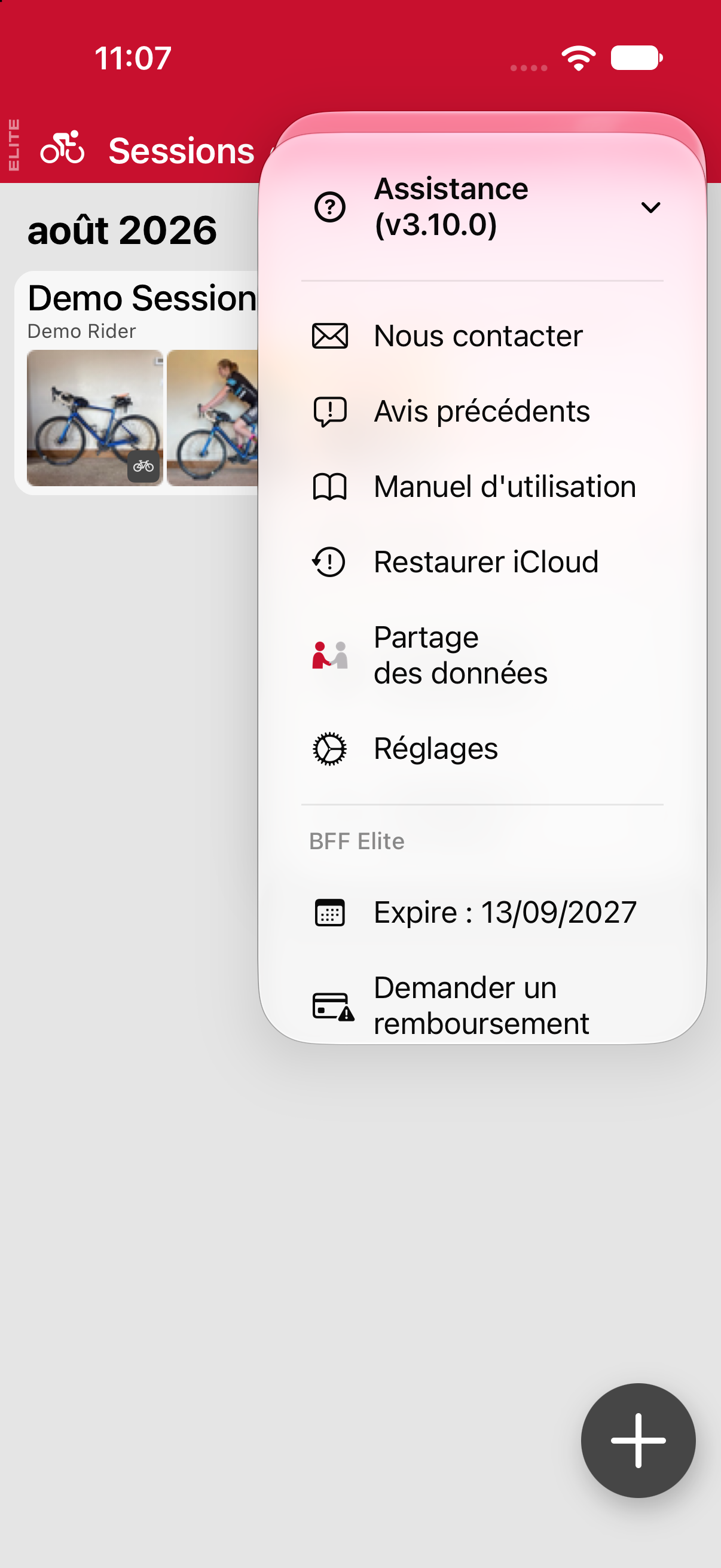Le menu Assistance, ouvert depuis le menu principal.