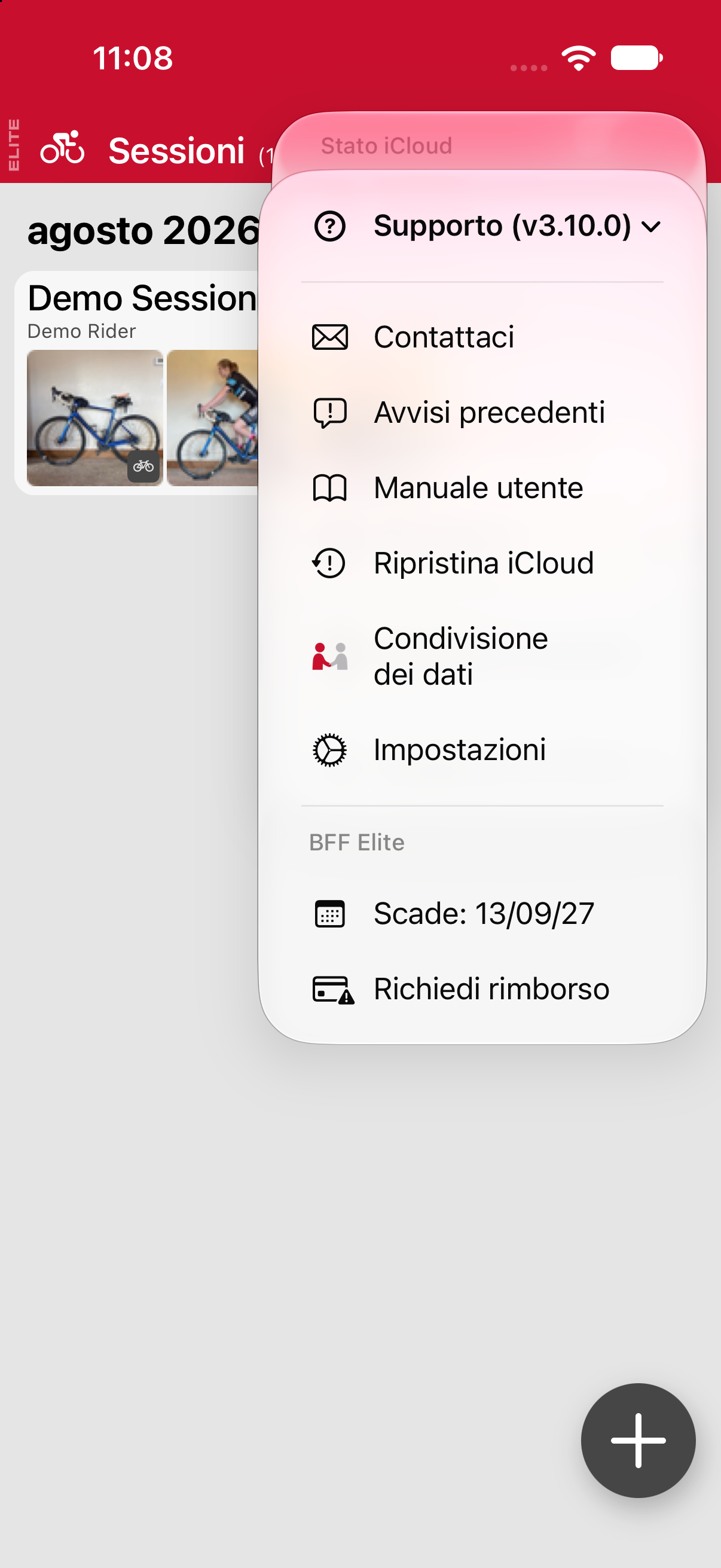 Il menu Supporto, aperto dal menu principale.