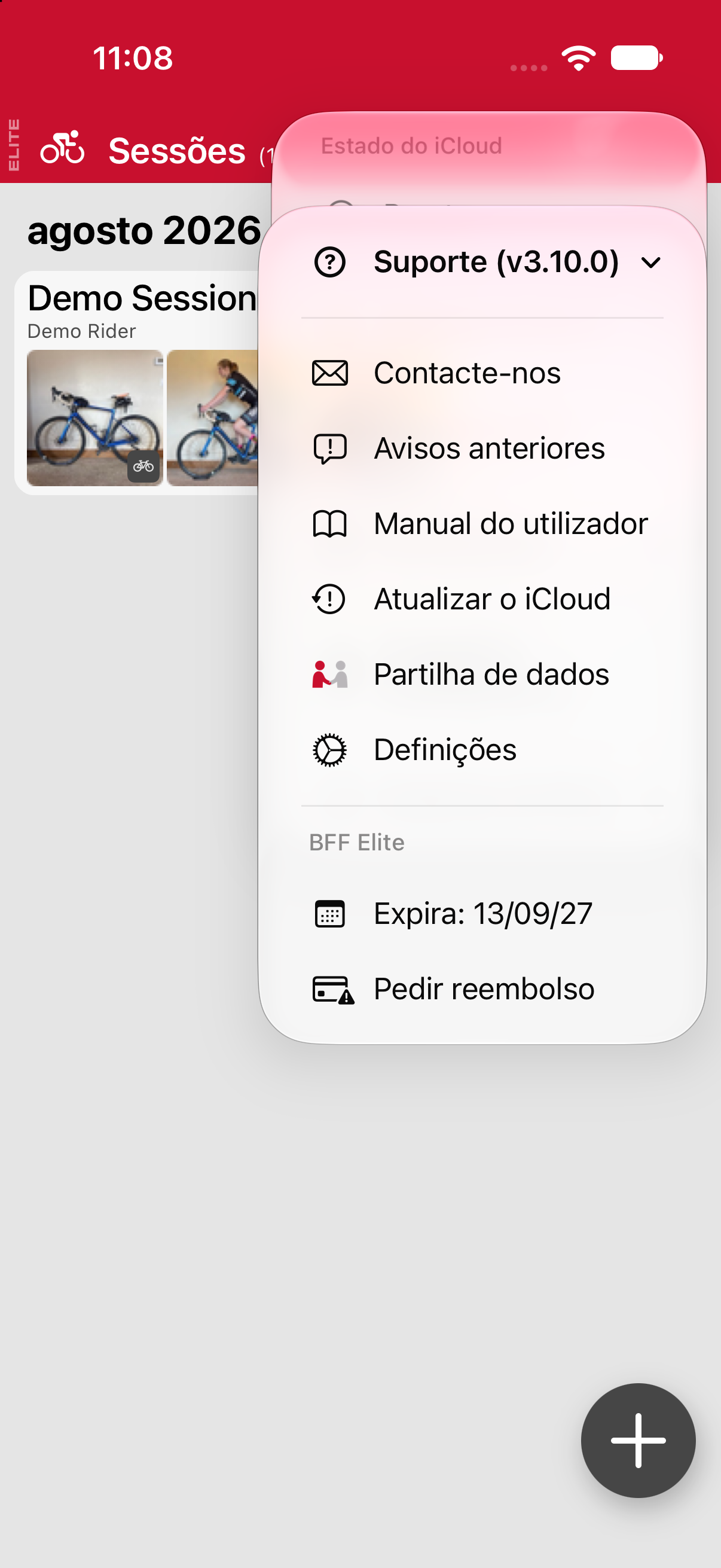 O menu Suporte, aberto a partir do menu principal.