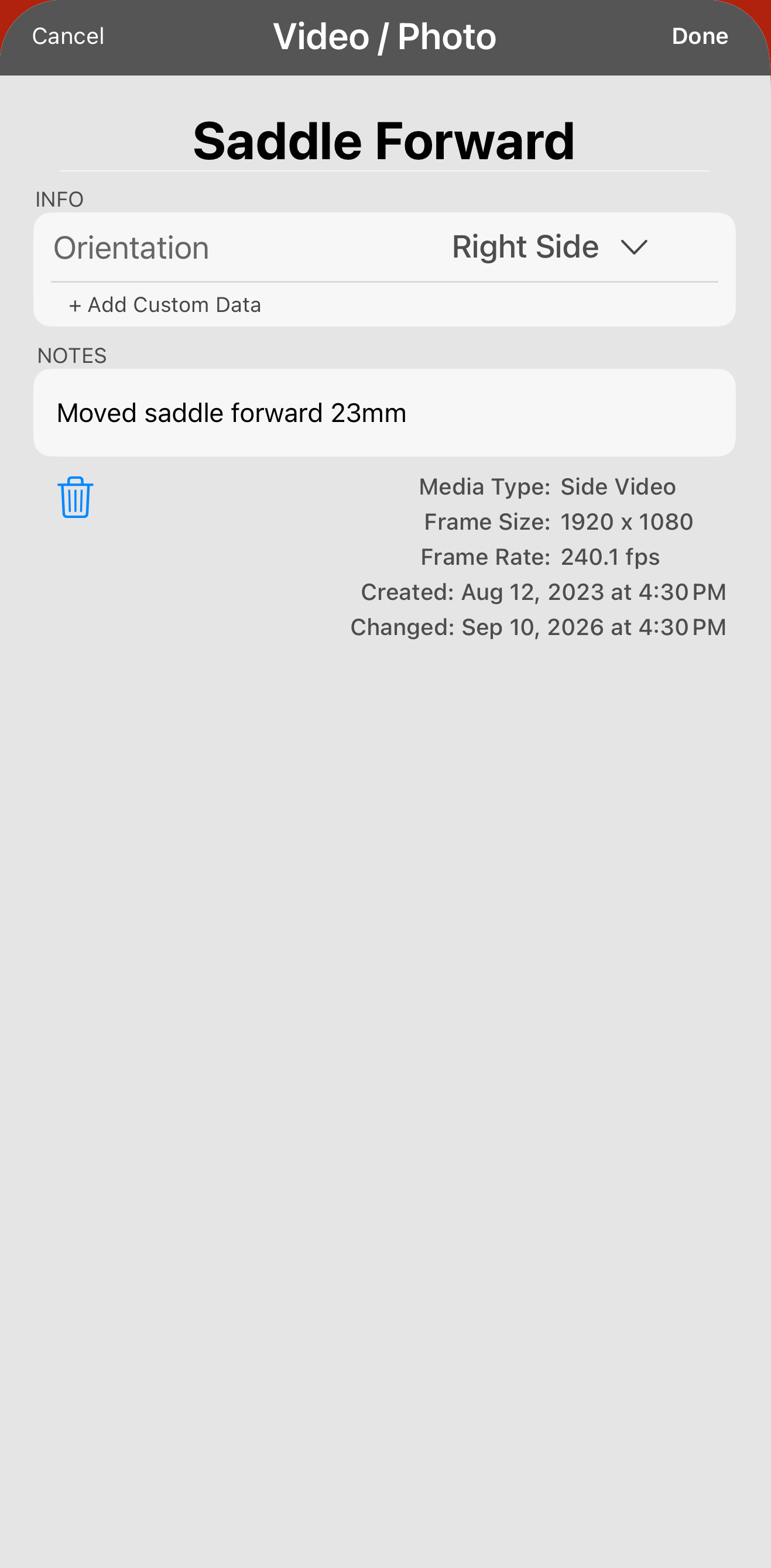 The record renamed to Saddle Forward, with the change written in the notes. Next time you open this session, the number is there and you are not relying on memory.