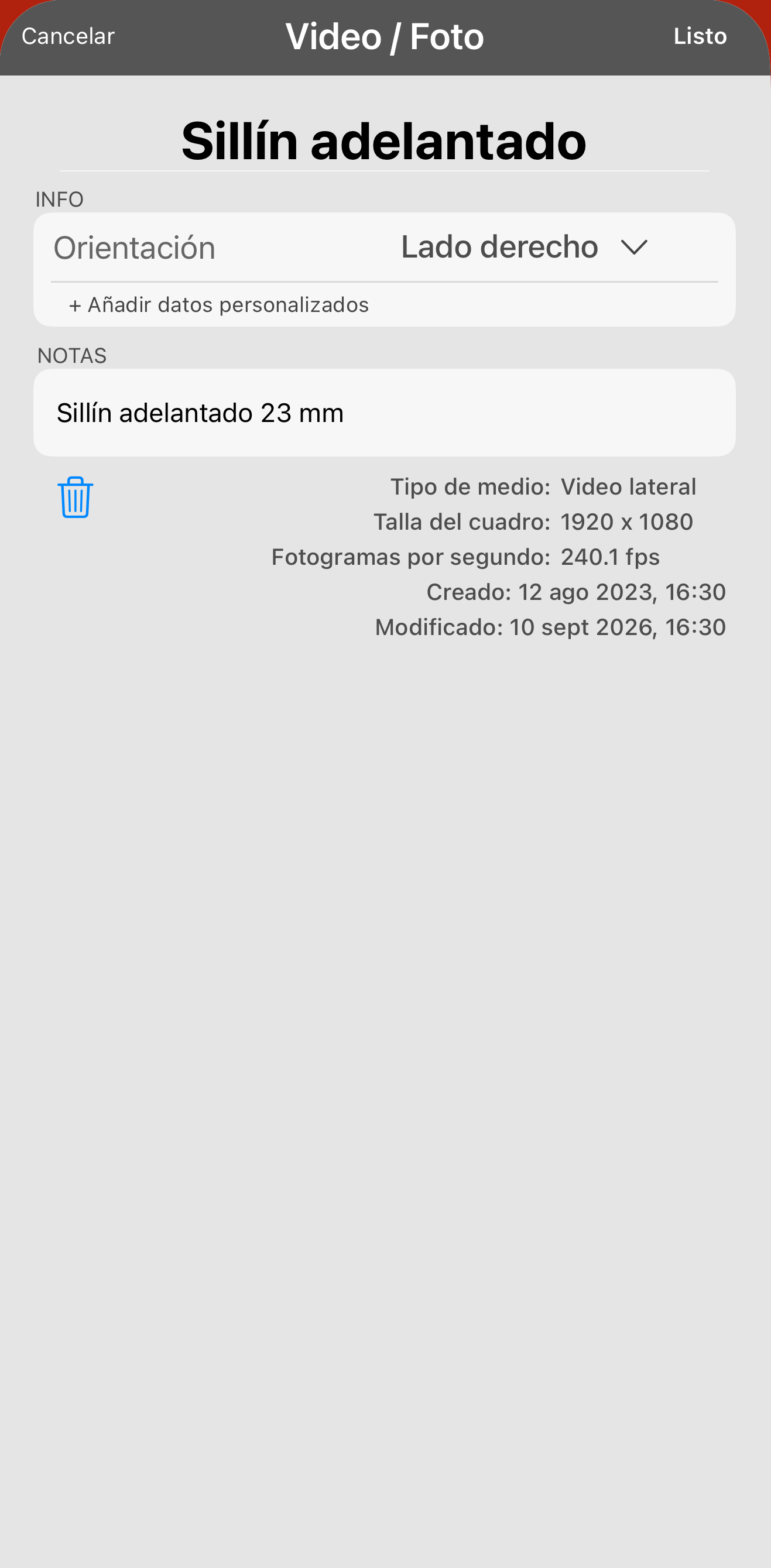 La grabación renombrada como Sillín adelantado, con el cambio escrito en las notas. La próxima vez que abras esta sesión el número estará ahí y no dependerás de tu memoria.