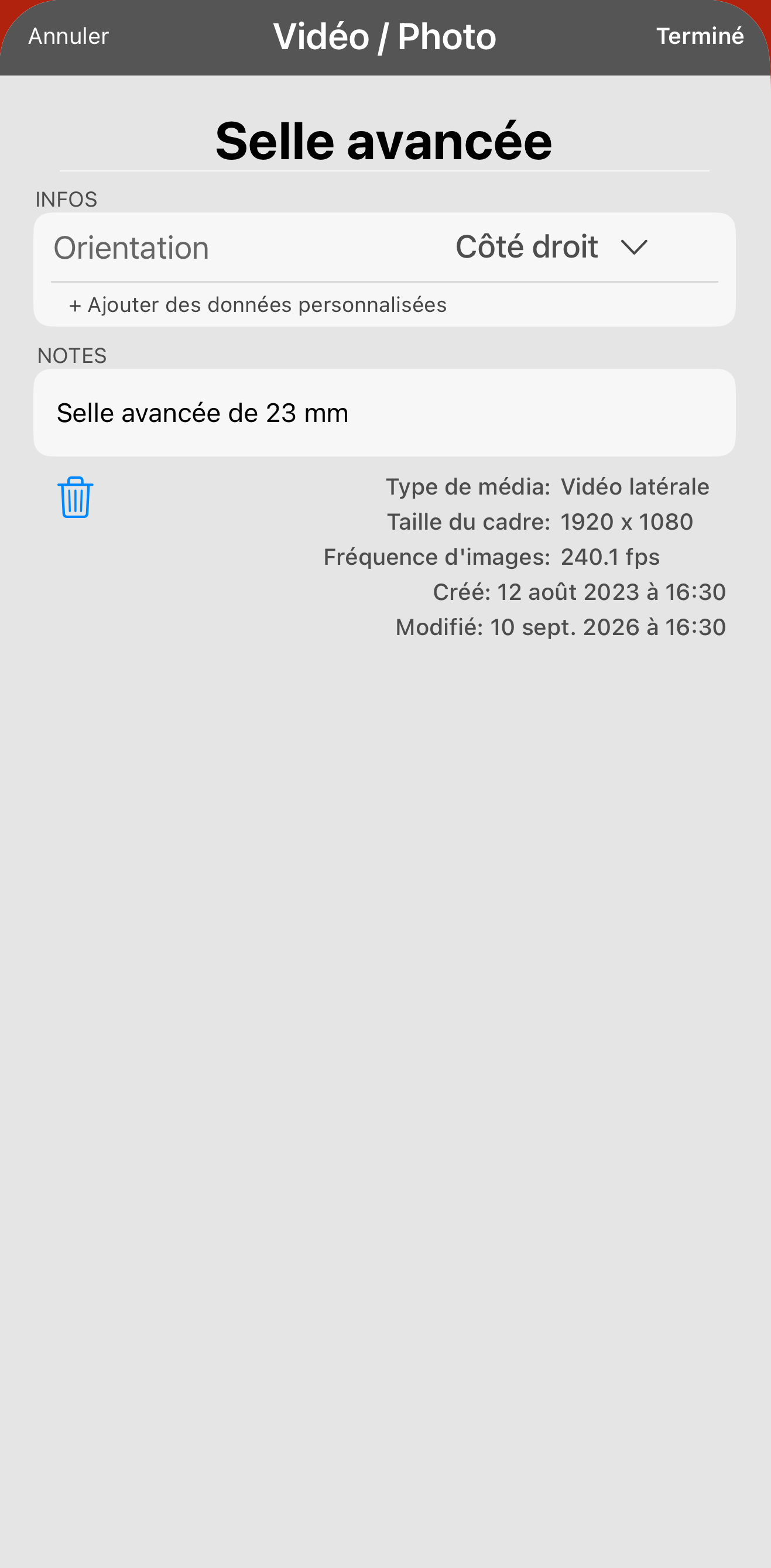 L'enregistrement renommé Selle avancée, avec le changement noté dans les notes. À la prochaine ouverture de cette session, le chiffre est là et vous ne dépendez pas de votre mémoire.