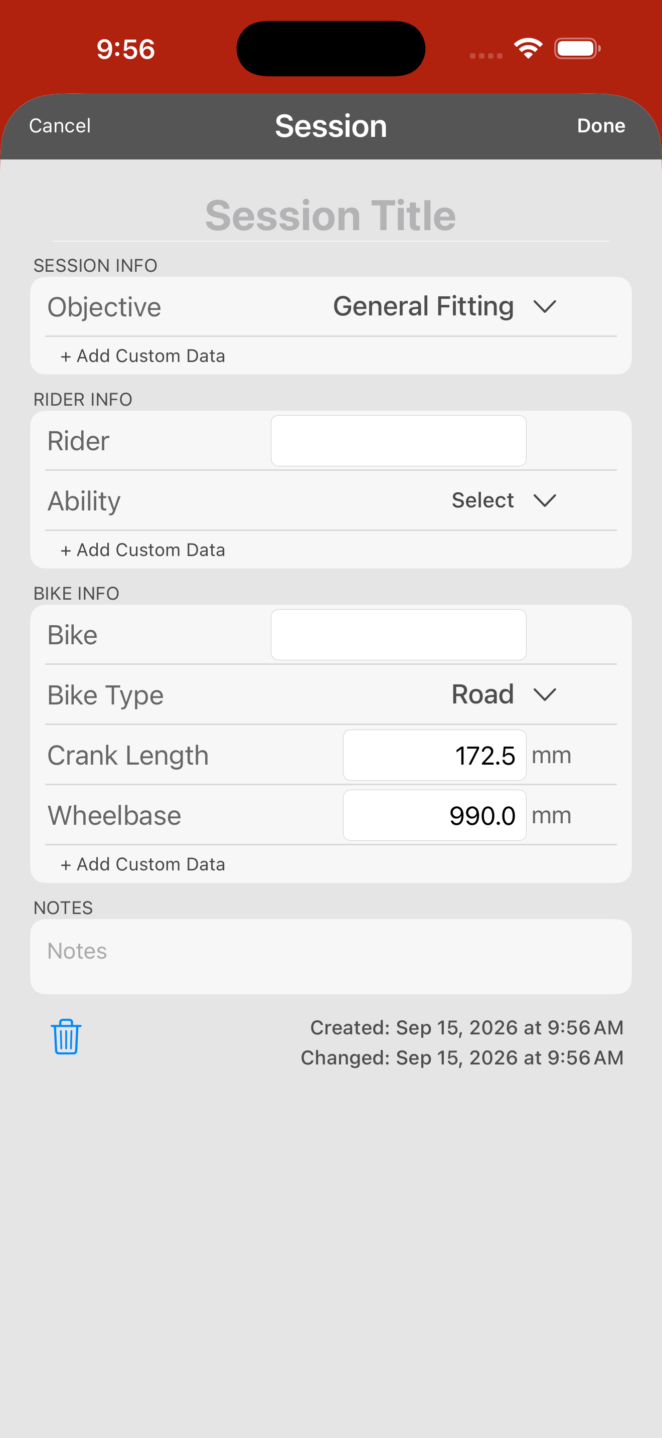 The session info form. Crank length sits in BIKE INFO and defaults to 172.5 mm.