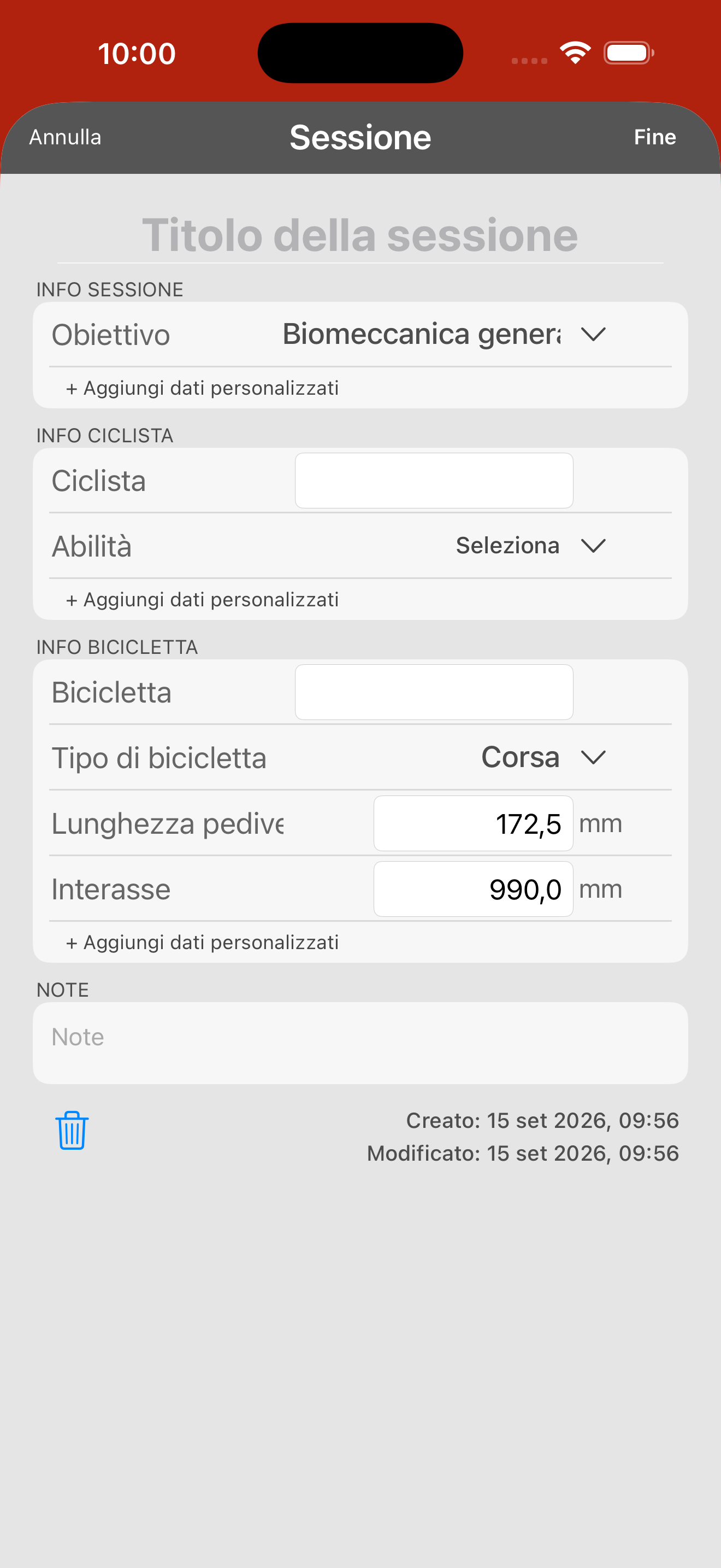 Il modulo con le informazioni della sessione. La lunghezza della pedivella si trova in INFO BICICLETTA ed è impostata di default su 172,5 mm.