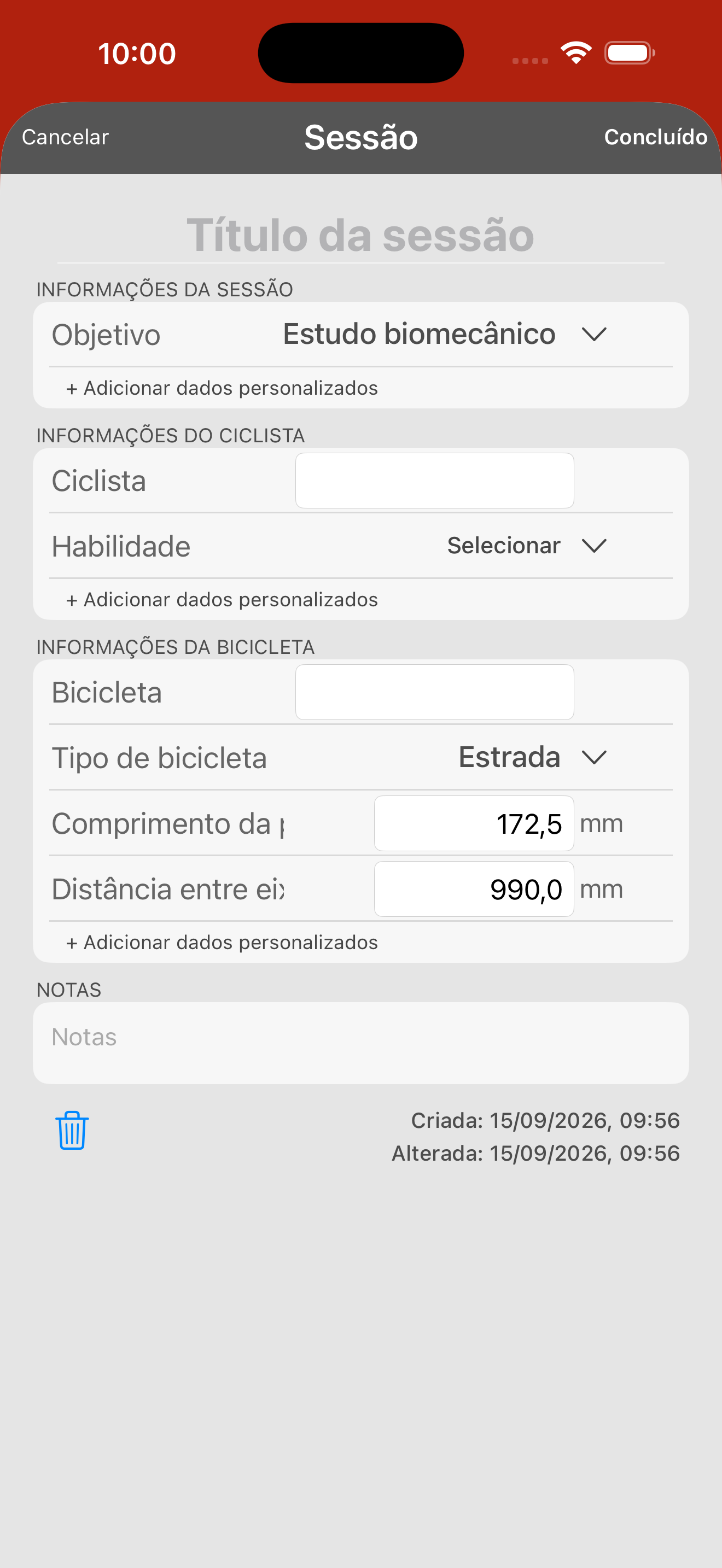 O formulário com as informações da sessão. O comprimento da pedivela está em INFORMAÇÕES DA BICICLETA e vem por omissão a 172,5 mm.