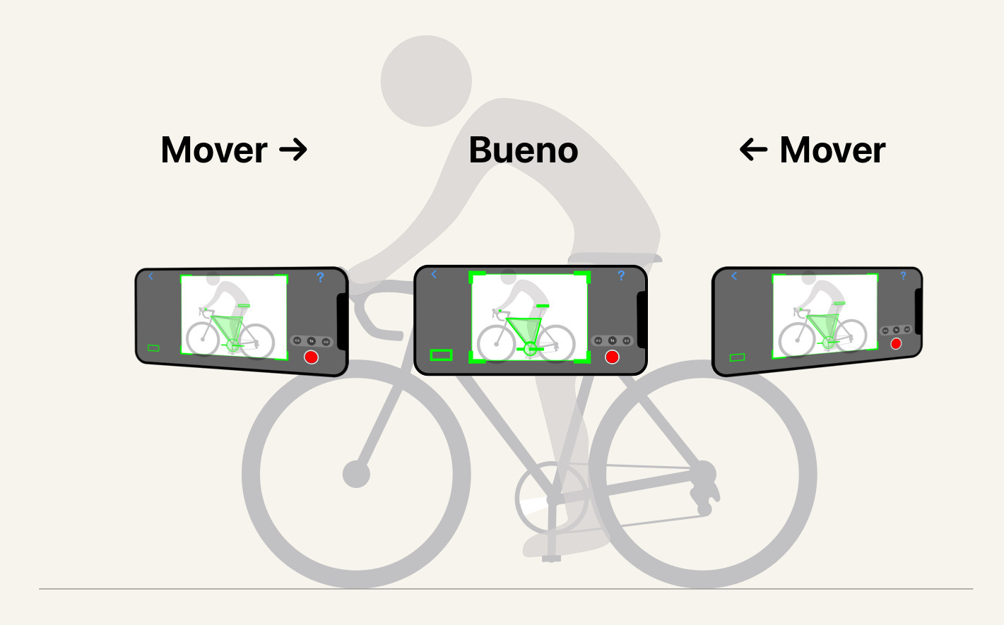 Centra la bici en el encuadre. Desliza el teléfono a izquierda o derecha hasta que la bici quede centrada y no pegada a un borde.