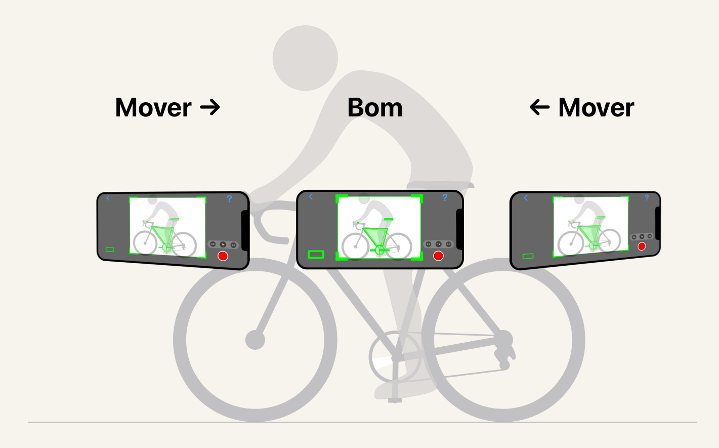 Centra a bicicleta no enquadramento. Desliza o telemóvel para a esquerda ou para a direita até a bicicleta ficar centrada e não encostada a um bordo.