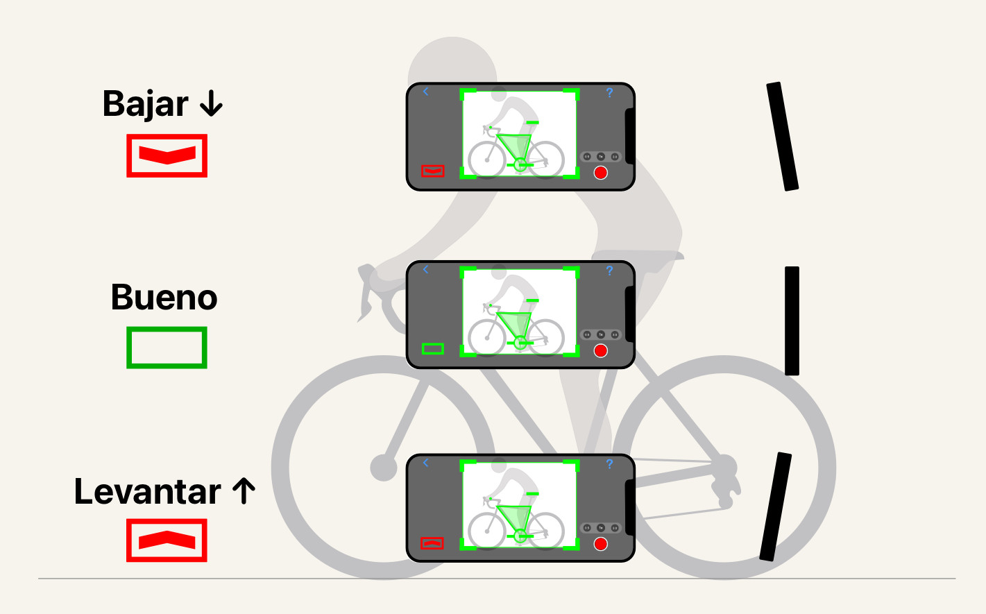 Iguala la altura de la bici. Pon la cámara más o menos a la altura del tubo superior. Demasiado alta y grabas la bici desde arriba, demasiado baja y la grabas desde abajo. Busca el punto medio.