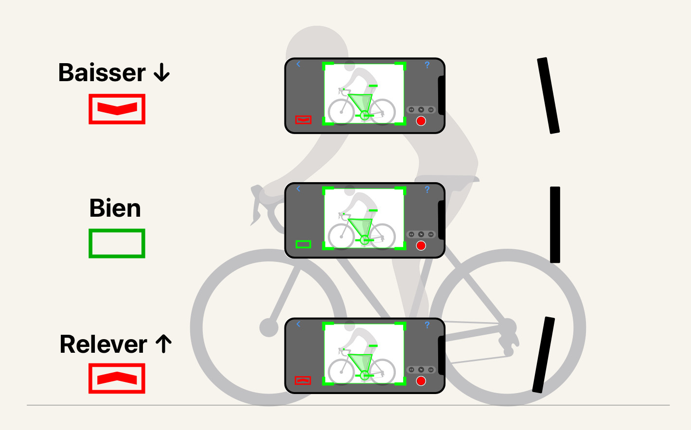 Aligne-toi sur la hauteur du vélo. Place la caméra à peu près à la hauteur du tube supérieur. Trop haut, tu filmes le vélo en plongée ; trop bas, en contre-plongée. Vise le milieu.