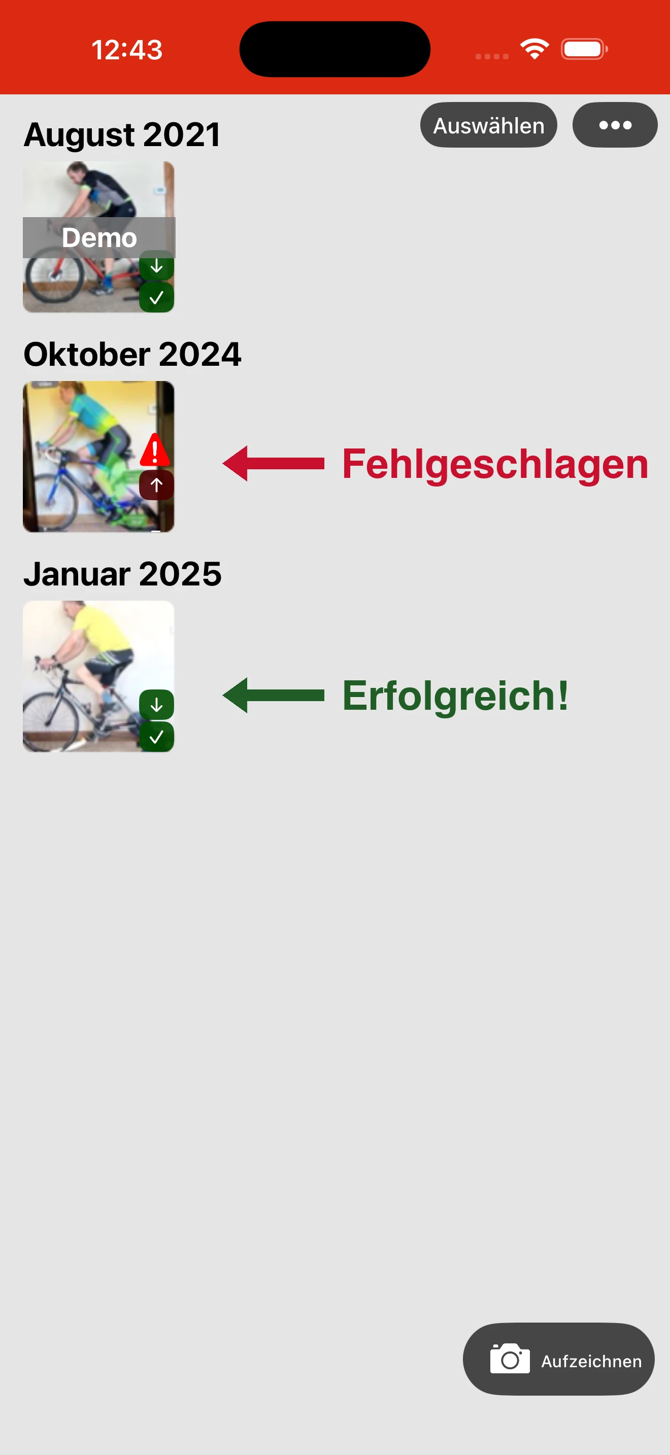 Aufzeichnungen mit einem roten Dreieck bedeuten, dass es ein Problem mit dem Video gab und die angegebenen Messwerte ungenau sein können. Kein Dreieck und zwei Symbole in beliebiger Farbe bedeuten, dass die Aufzeichnung erfolgreich war.