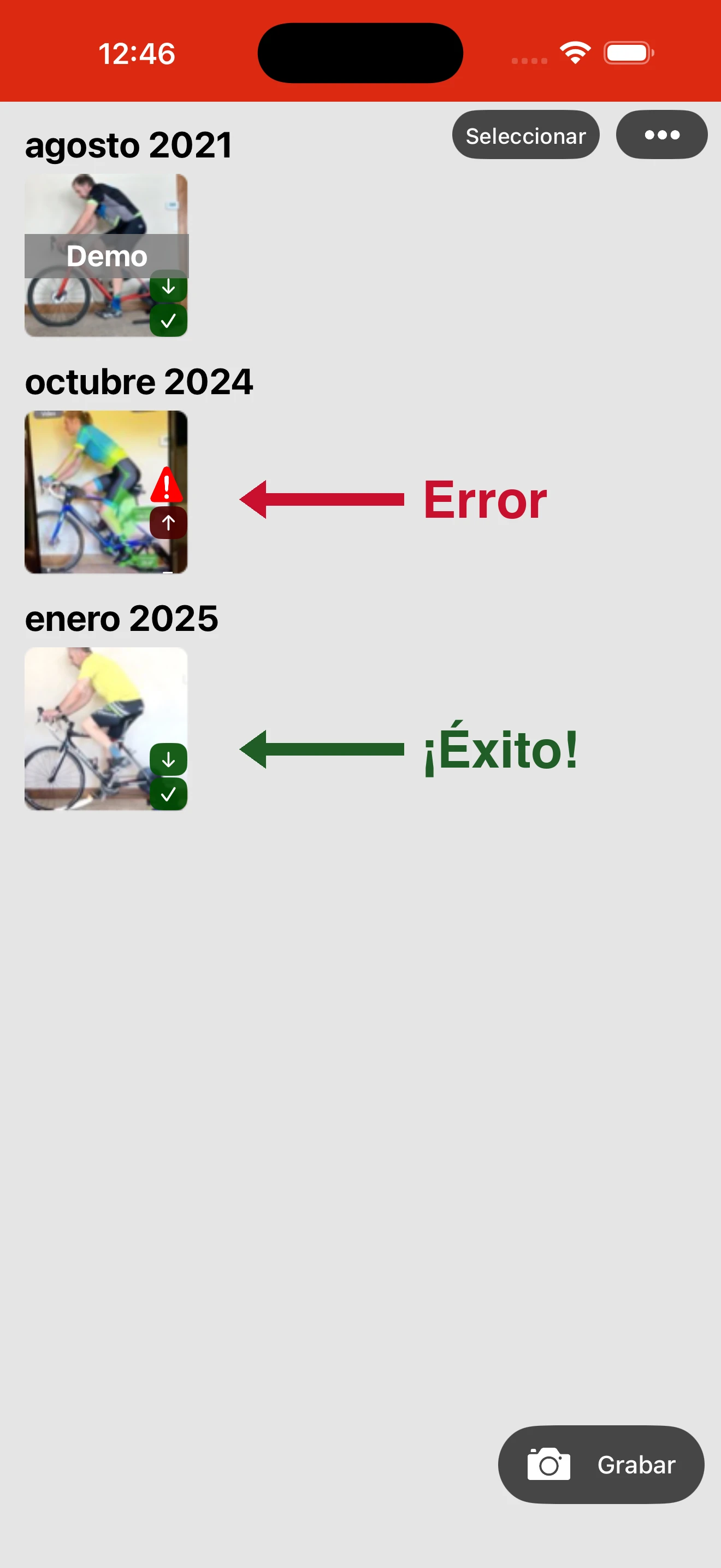 Las grabaciones con un triángulo rojo indican que hubo algún problema con el video y que las medidas obtenidas pueden no ser exactas. Sin triángulo y con dos íconos de cualquier color, la grabación salió bien.