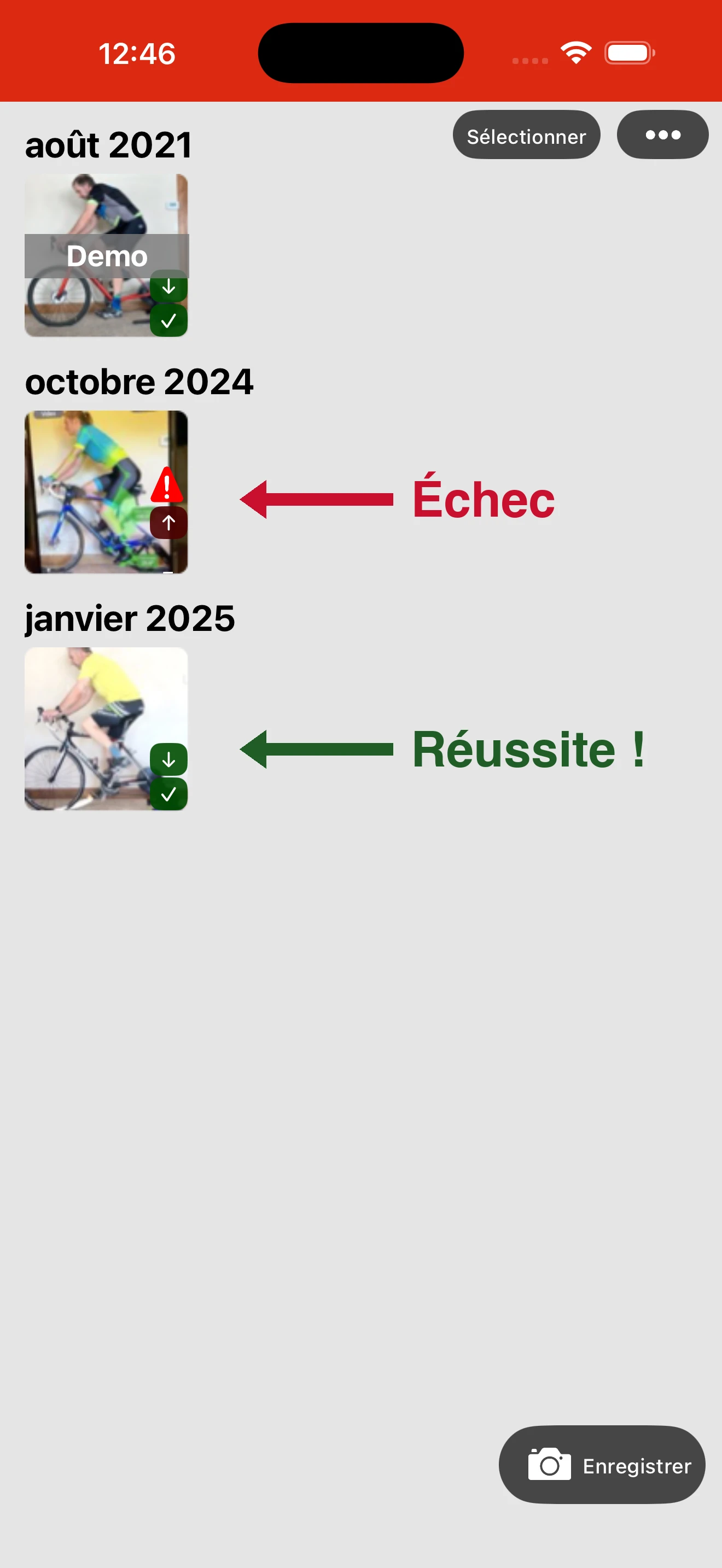 Les enregistrements portant un triangle rouge signalent un problème avec la vidéo ; les mesures fournies peuvent alors manquer de précision. Sans triangle et avec deux icônes, quelle que soit leur couleur, l'enregistrement a réussi.