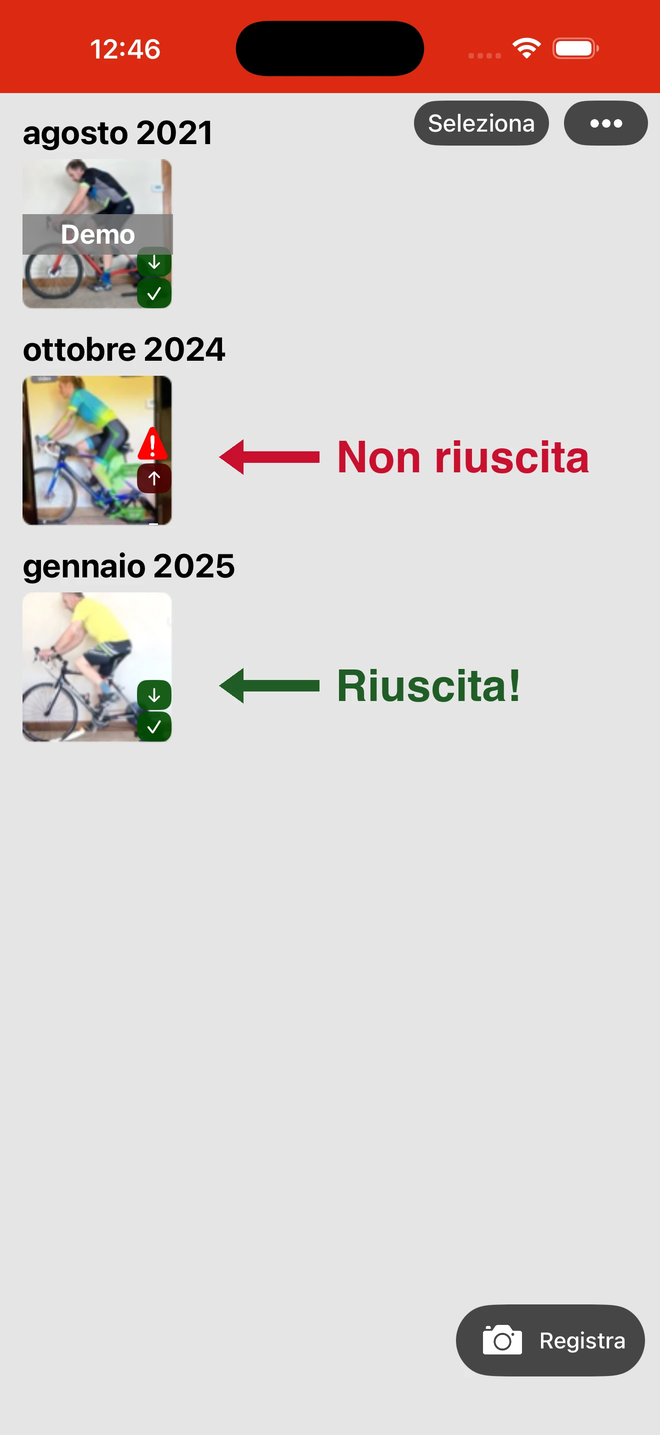 Le registrazioni con un triangolo rosso segnalano un problema con il video, e le misure fornite possono non essere precise. Senza triangolo e con due icone di qualsiasi colore, la registrazione è riuscita.