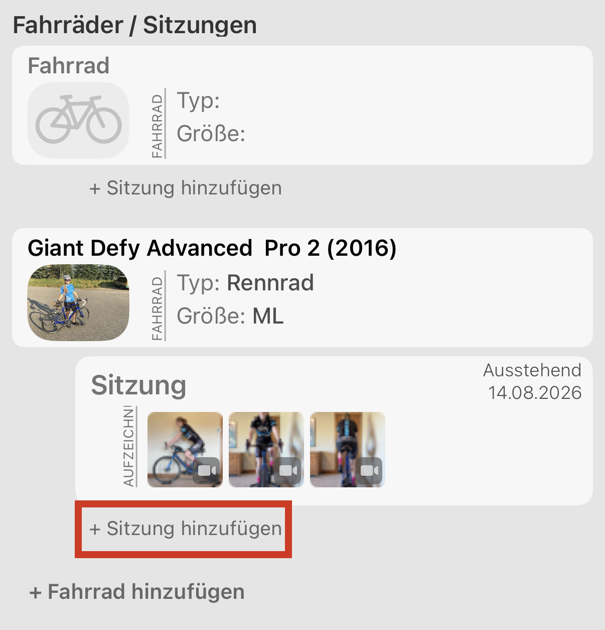 Die Seite des Fahrers. Tippen Sie unter dem Fahrrad, das Sie anpassen, auf + Sitzung hinzufügen, damit die Sitzung mit ihm verknüpft ist.