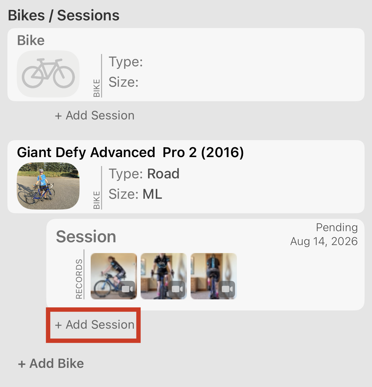 The rider's page. Tap + Add Session under the bike you're fitting, so the session is linked to it.