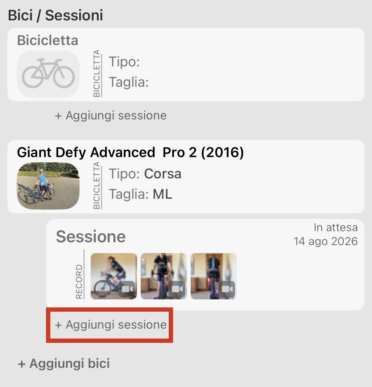 La pagina del ciclista. Tocca + Aggiungi sessione sotto la bici che stai regolando, così la sessione resta collegata a quella bici.