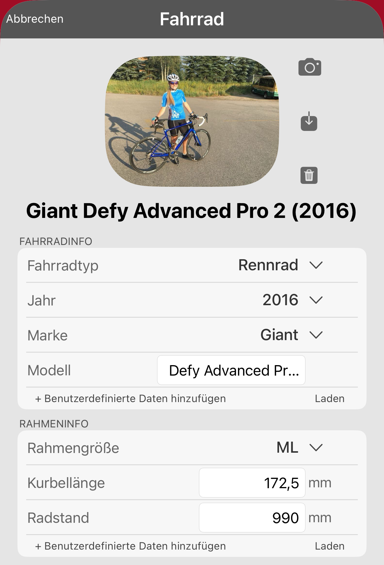 Das Profil des Demo-Fahrrads. Auch dieses Beispiel sollten Sie haben.