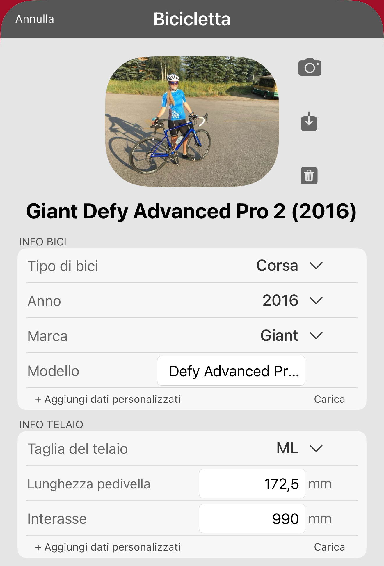 Il profilo della bici dimostrativa. Dovresti avere anche questo esempio.