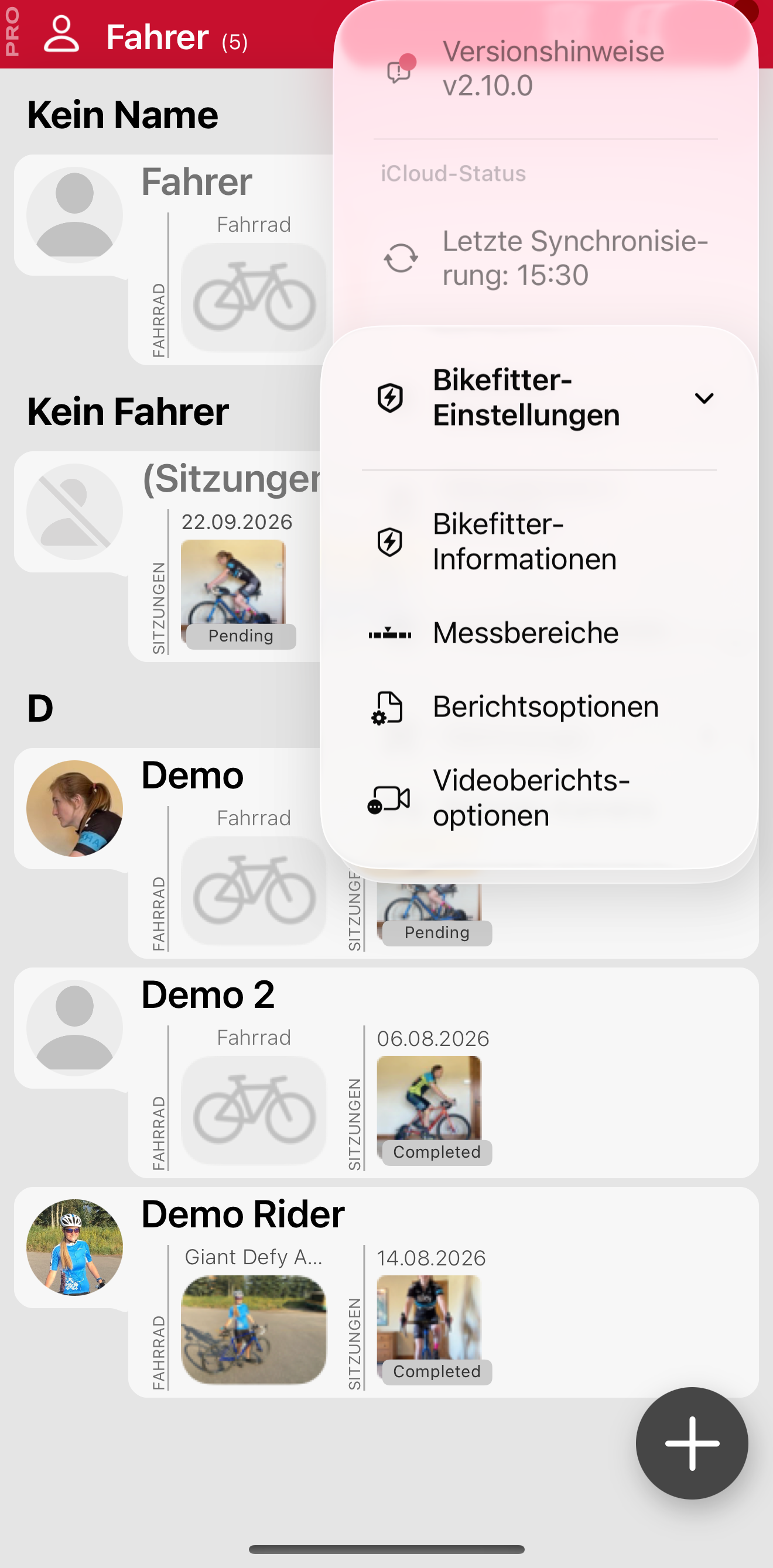 Die Bikefitter-Einstellungen auf dem Hauptbildschirm.