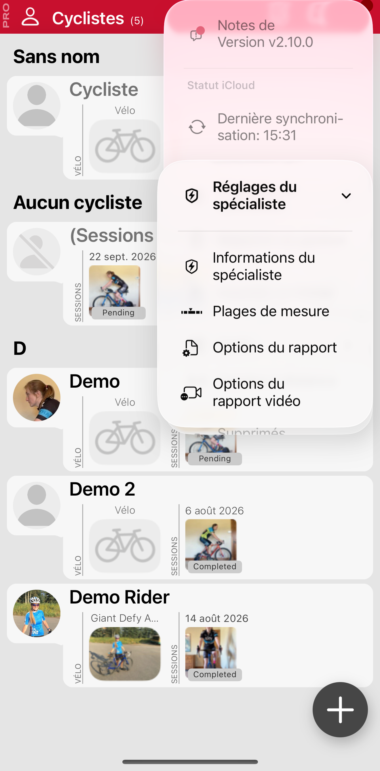 Réglages du spécialiste sur l'écran principal.