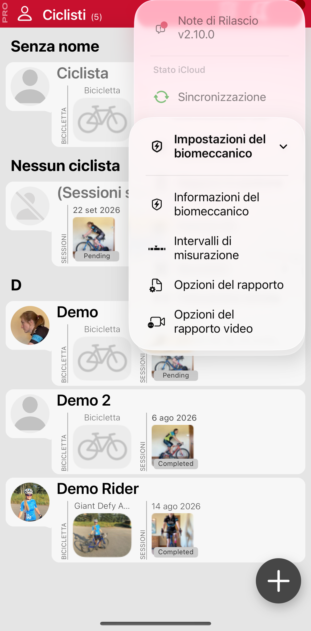 Impostazioni del biomeccanico nella schermata principale.