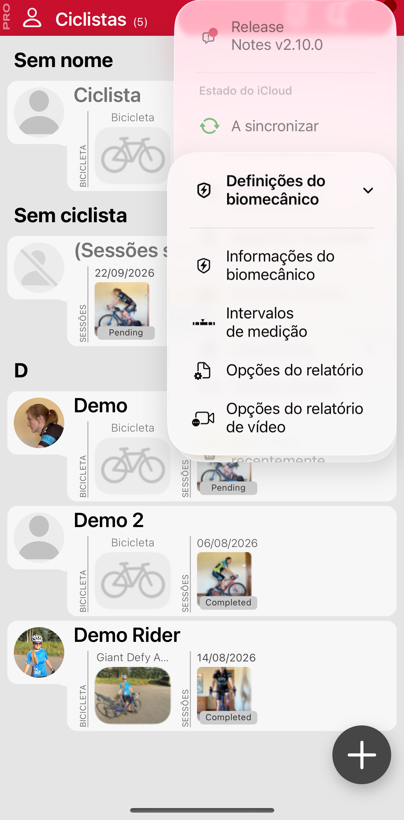 As Definições do biomecânico no ecrã principal.