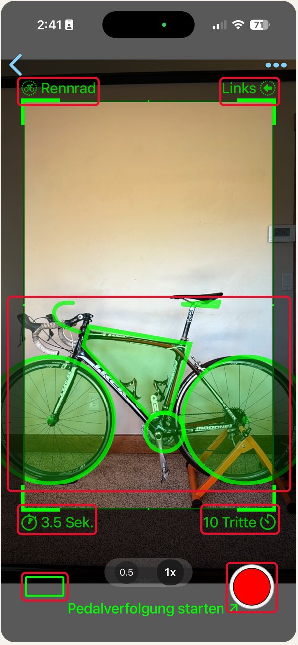 Der Aufzeichnungsbildschirm in der Seitenansicht, mit sieben markierten Bedienelementen: Fahrradtyp, Richtung, das grüne Fahrrad-Overlay, maximale Dauer, Aufzeichnungsverzögerung, die Ausrichtungshilfe und die Aufzeichnen-Taste.