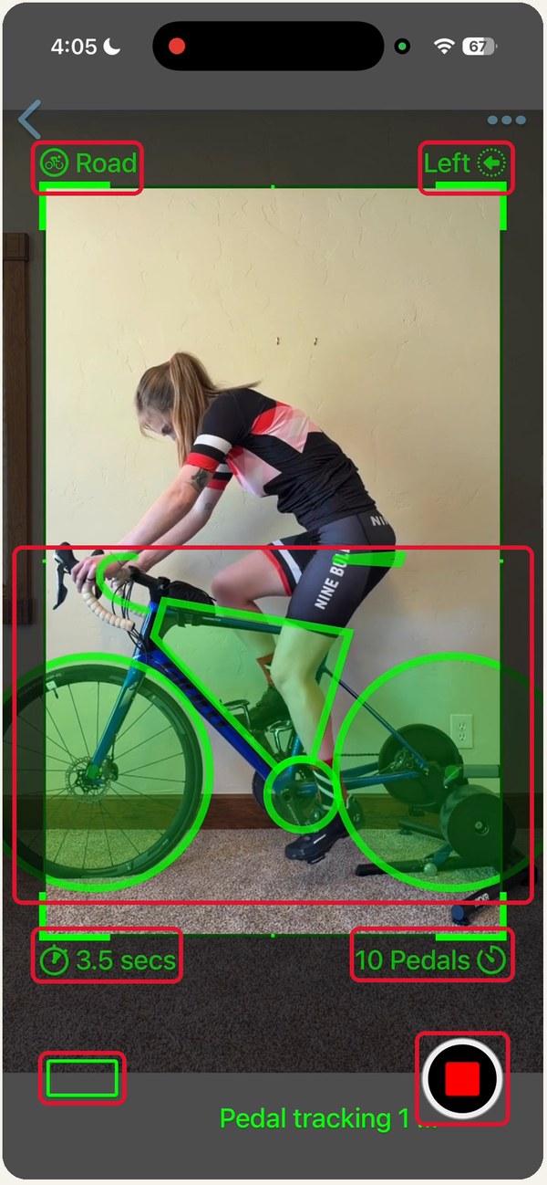 The recording screen, side view, with seven controls boxed: bike type, direction, the green bike overlay, max duration, recording delay, the alignment aid and the record button.