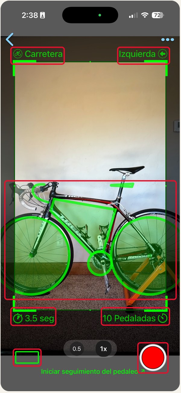 La pantalla de grabación, vista lateral, con siete controles marcados: tipo de bicicleta, dirección, la superposición verde de la bicicleta, duración máxima, retraso de grabación, la ayuda de alineación y el botón de grabar.