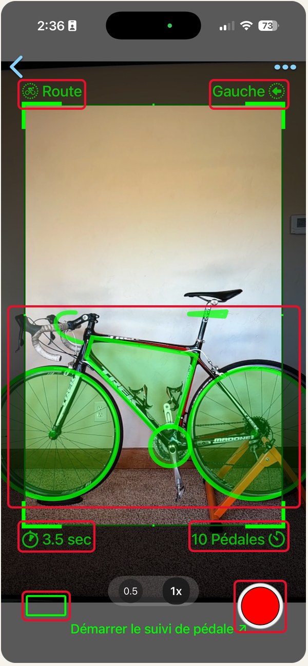 L'écran d'enregistrement, vue de profil, avec sept commandes encadrées : type de vélo, direction, la superposition verte du vélo, durée maximale, délai d'enregistrement, l'aide à l'alignement et le bouton d'enregistrement.