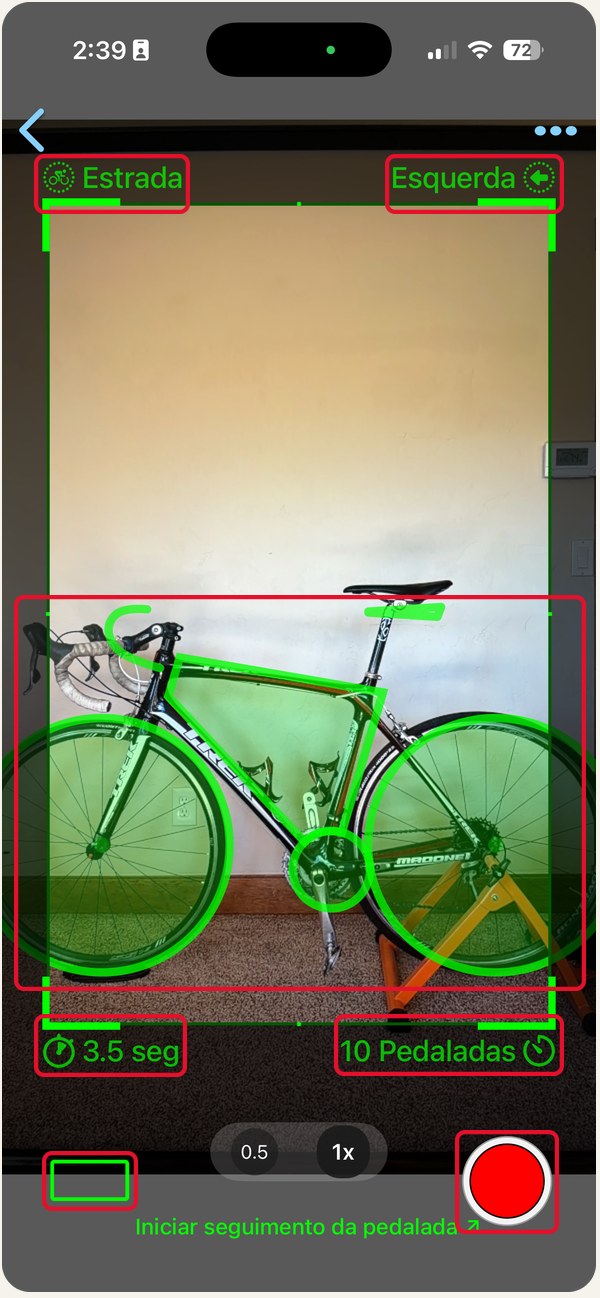 O ecrã de gravação, vista lateral, com sete controlos assinalados: tipo de bicicleta, direção, a sobreposição verde da bicicleta, duração máxima, atraso de gravação, a ajuda de alinhamento e o botão de gravar.