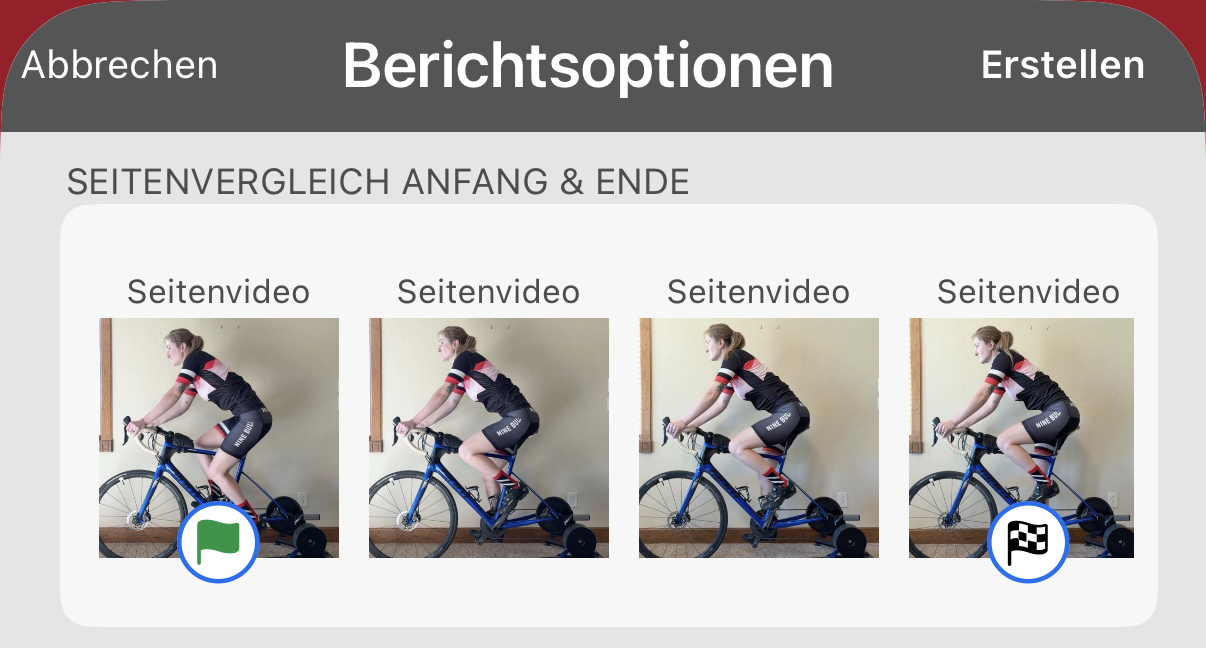 Berichtsoptionen. Tippen Sie auf eine Aufzeichnung, um sie zu markieren. Die grüne Flagge markiert die Anfangsaufzeichnung, die Zielflagge die Endaufzeichnung.