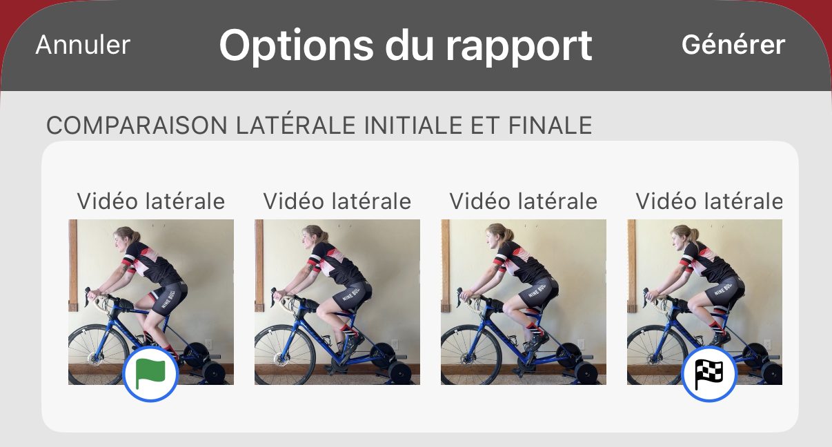 Options du rapport. Touche un enregistrement pour le marquer. Le drapeau vert marque l'enregistrement initial et le drapeau à damier le final.