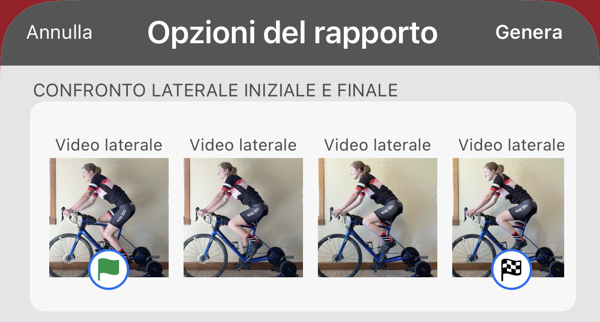 Opzioni del rapporto. Tocca una registrazione per contrassegnarla. La bandiera verde indica la registrazione iniziale e quella a scacchi la finale.