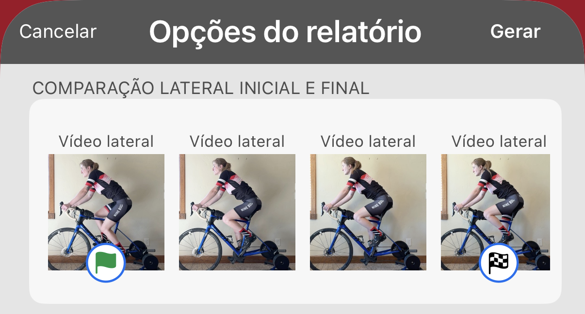 Opções do relatório. Toca numa gravação para a marcar. A bandeira verde marca a gravação inicial e a bandeira axadrezada a final.
