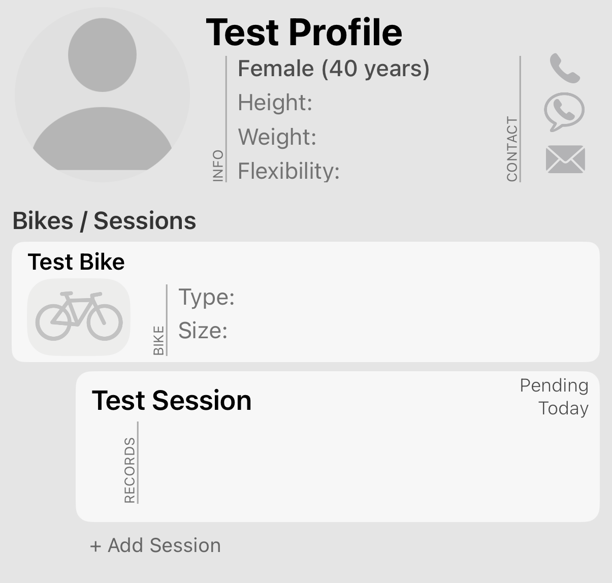 The rider's page. Each bike sits under the rider, and each session sits under the bike it was ridden on.
